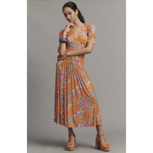 Farm Rio Anthropologie Midi Dress Ruched Orange Floral V Neck Preppy Medium NWT